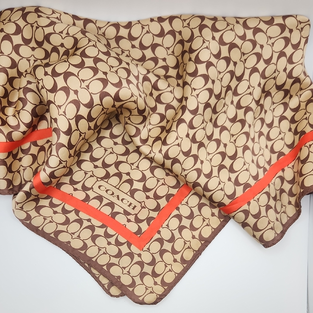 Coach Tan and Brown Signature Scarf with Red Trim